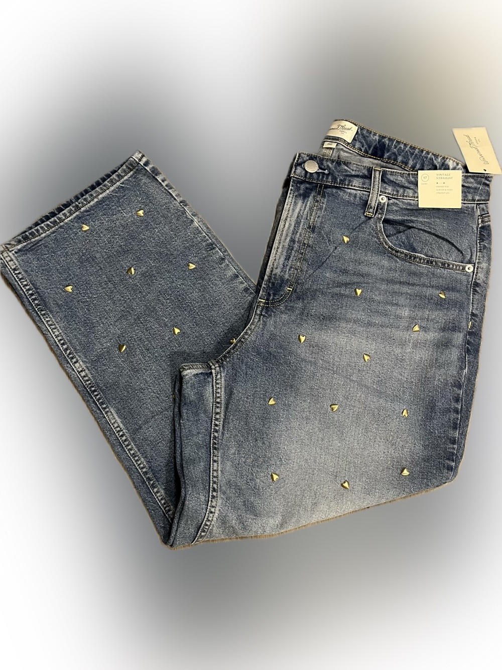Universal Thread Heart Studded Vintage Straight Jeans Size 17S NWT Medium Wash